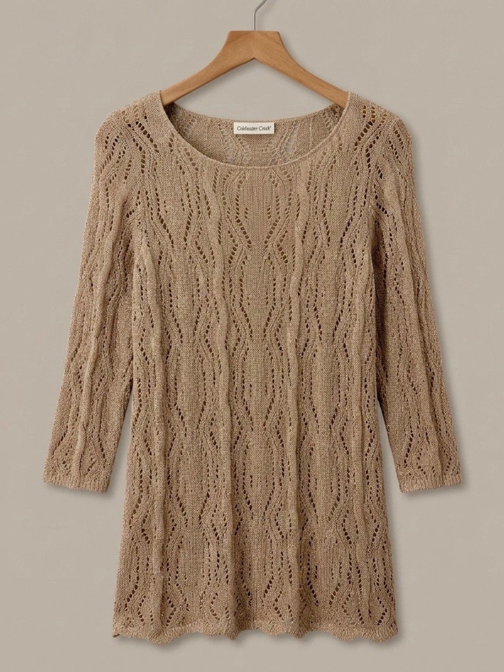 COLDWATER CREEK Open Knit Crochet Top Pullover Linen Boho Beach Tan Womens Large